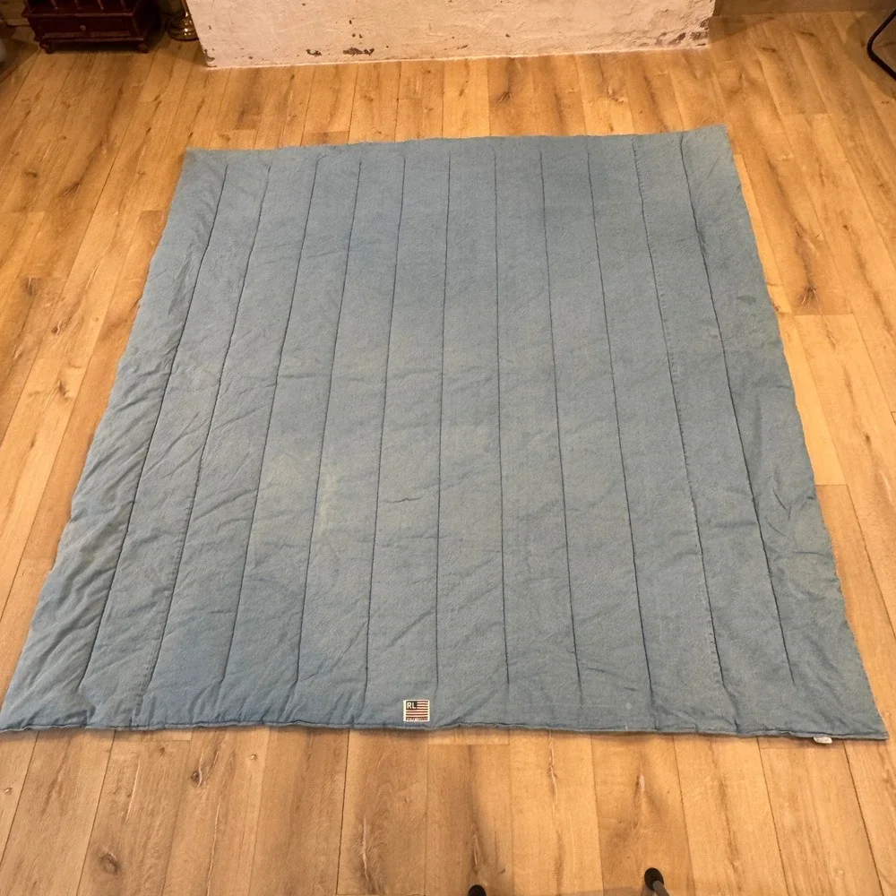 VTG Ralph Lauren Denim Comforter Set Blue Jean Flag Logo Plaid Sham/Skirt Queen